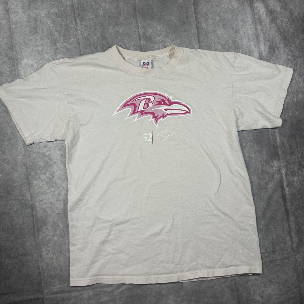 Vintage NFL Baltimore Ravens Ray Lewis 52 Graphic T-Shirt Men's L White Pink Y2K